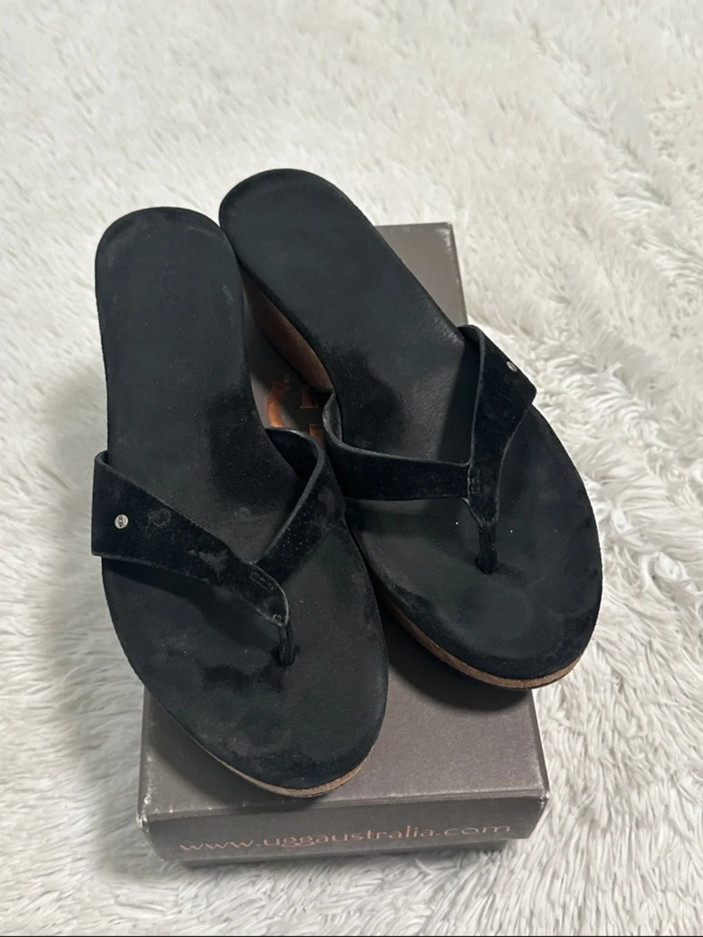 UGG Brook Black Suede Wedge Thong Sandals